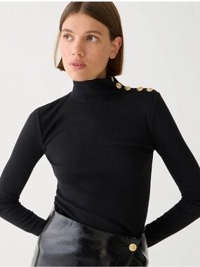 Jcrew Black Ribbed Mock Neck Top with Gold Shoulder Buttons
